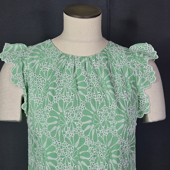 LOFT Eyelet Flutter Sleeve Shift Dress Size 2P Green Short Sleeve Embroidered - Picture 3 of 11